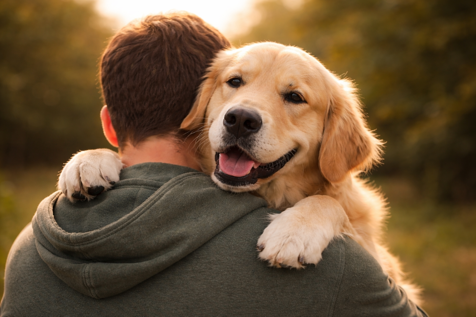 Golden retriever abrazando a una persona, símbolo del vínculo entre cuidador y animal