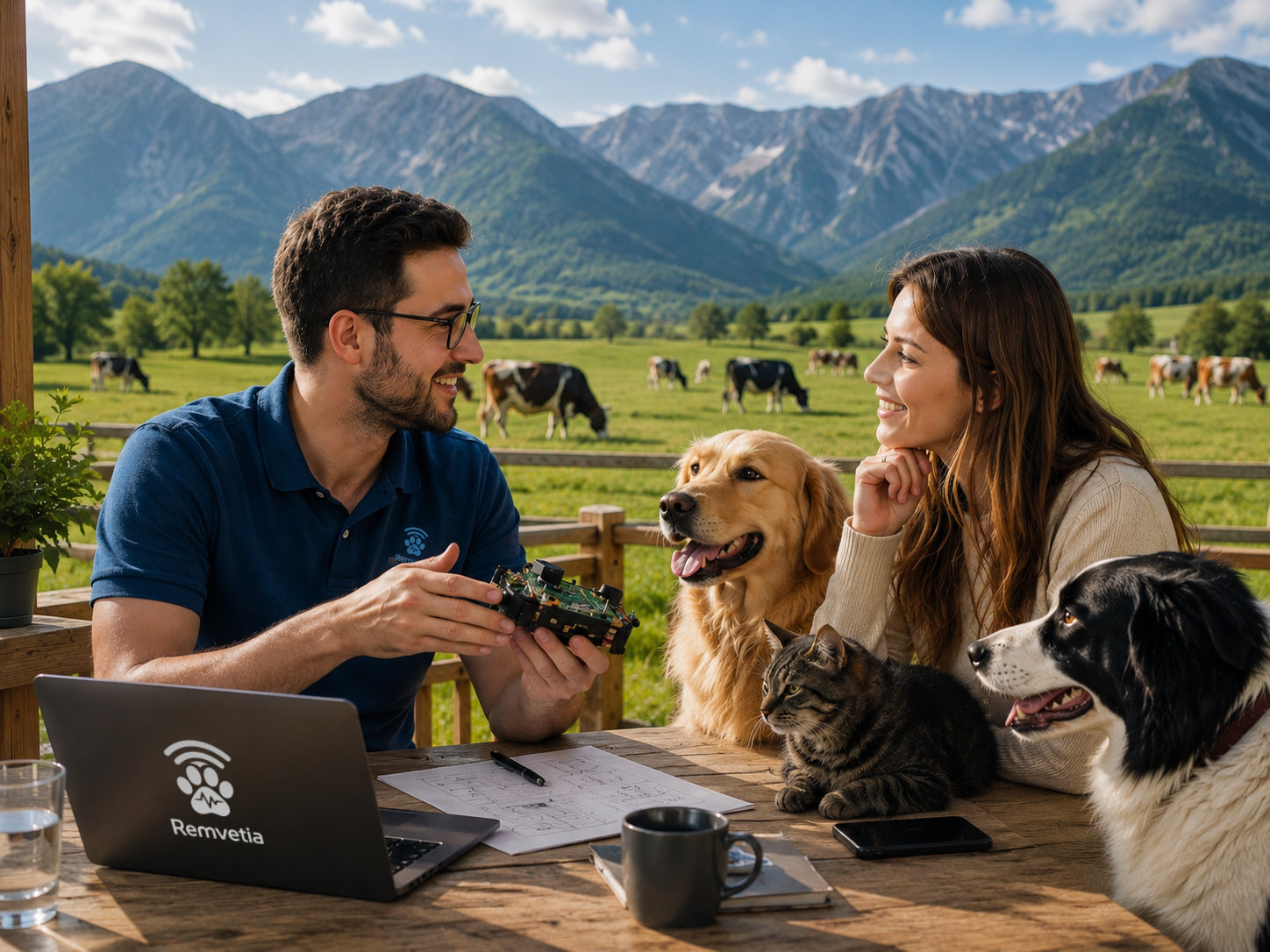 Equipo de Remvetia revisando un prototipo tecnológico junto a animales en un entorno rural