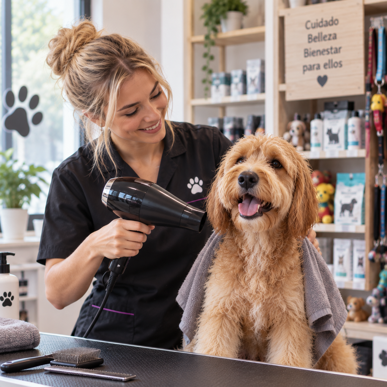 Peluquera canina secando el pelo de un perro en un salón de estética animal
