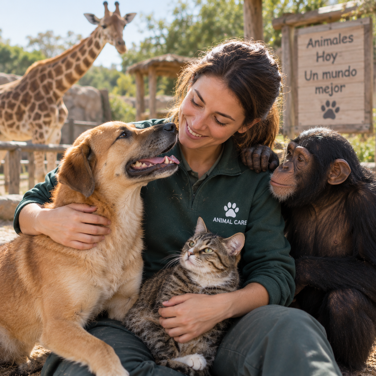 Cuidadora de animales con un perro, un gato y un chimpancé en un centro de protección animal